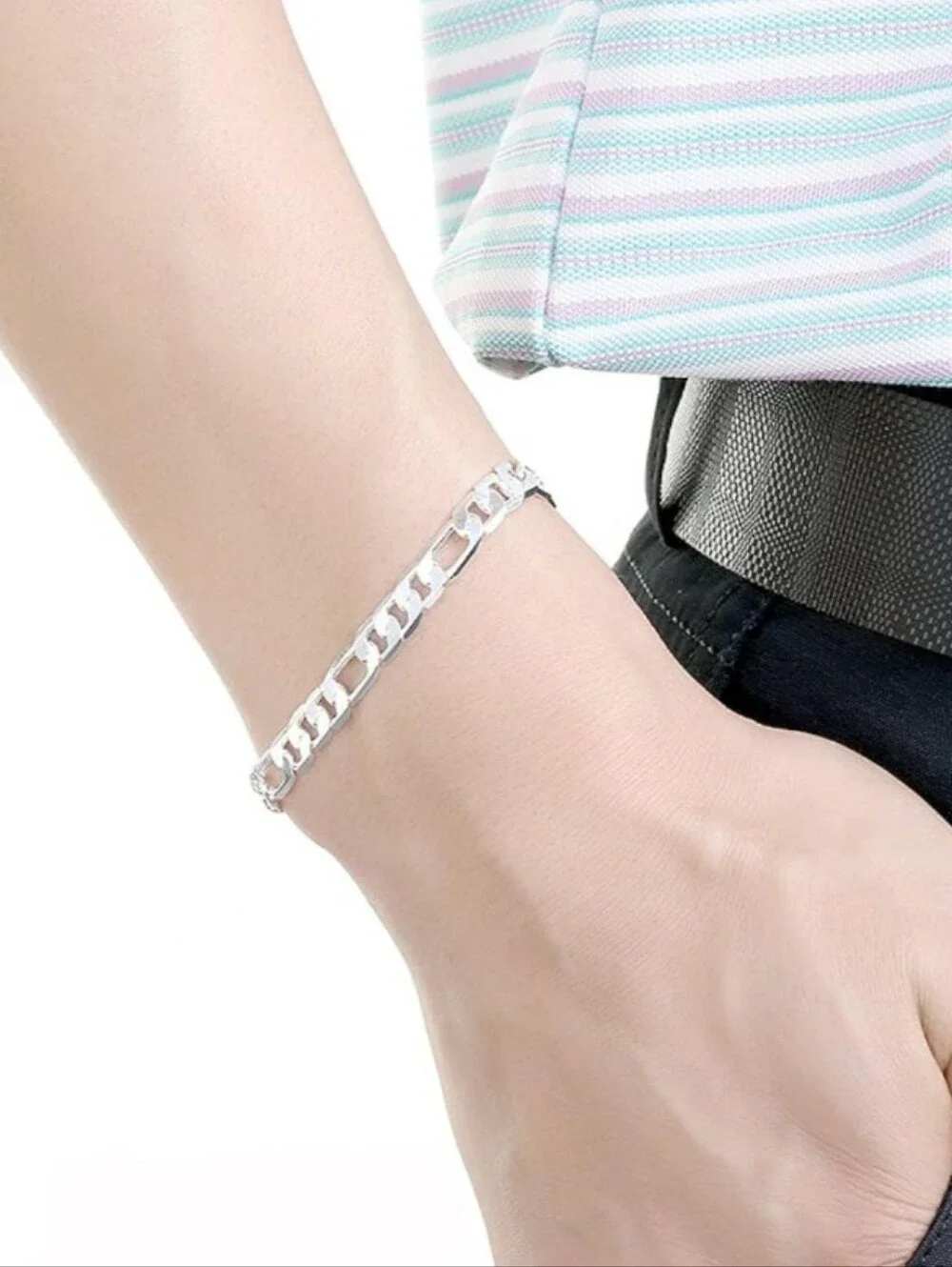 Sterling Silver Figaro Chain Bracelet - Polished Silver
